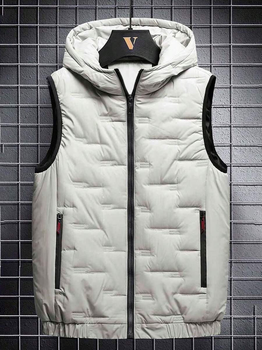 男士加厚无袖背心夹克，冬季保暖 - 卡其色 - 查看 1