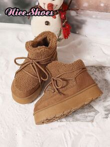Tropiscape 女士新款厚底雪地靴，冬季保暖内衬复古系带羊皮雪地靴，防滑时尚短靴，米色、黑色、棕色可选，圣诞礼物 - 棕色 - 查看 6