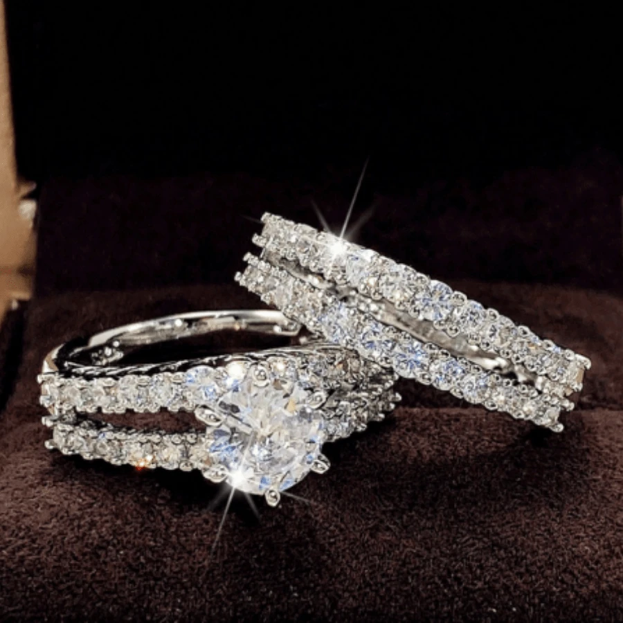 2 件奢华优雅的女士结婚戒指，精美镀银，镶嵌闪亮的合成方晶锆石，订婚戒指，新娘结婚珠宝，结婚周年纪念礼物 - 銀色 - 查看 1