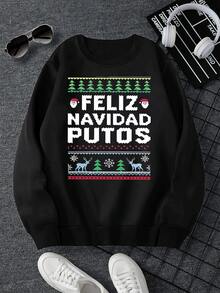 Sudadera de algodón puro con cuello redondo para hombre, suéter navideño feo festivo con estampado gráfico de Feliz Navidad, Papá Noel, reno, copo de nieve, acogedor, de manga larga, para vacaciones - Negro - Ver 2