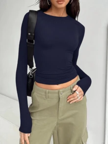 Damska koszulka z długim rękawem i okrągłym dekoltem, dopasowana, prosta, seksowna i urocza bluzka w stylu Y2K - Granatowy - Zobacz 3