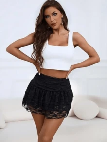Y2K Lace Tiered Mini Skirt For Women Ruffled Pleated Lace Trim Half Slip High Rise Flowy Short Skirts Halloween Underskirt - màu đen - Xem 1