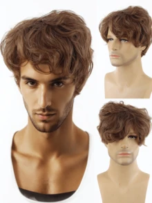 Men's Short Curly Brown Wig With Bangs, Synthetic Hair Wig For Everyday Wear - Brown - View 3