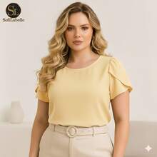 Women's Plus Size Blouse, Short Sleeve, Elegant – Plain Duna Fabric, Social GG, G1, G2, G3, Summer, Work - 奶油黃 - 查看 9