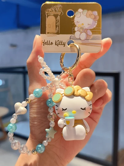 Sanrio Hello Kitty Golden Vacation Series Charm Bracelet Keychain, Stylish & Elegant Design With Pearl Beads & Star Charms, Perfect For Adding A Touch Of Luxury To Your Daily Bag Or Keys, Ideal Gift For Girls, Teens, And Women Who Love Kawaii Trinkets & Summer Vibes, Great For Beach Trips, Daily Use, And Special Occasions