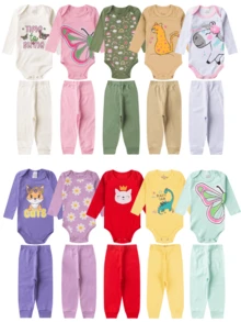 Kit 8 Peças Body Bebê Manga Longa Roupas de Bebê 100% Algodão - 4 Conjuntos - Pink - Visão 3