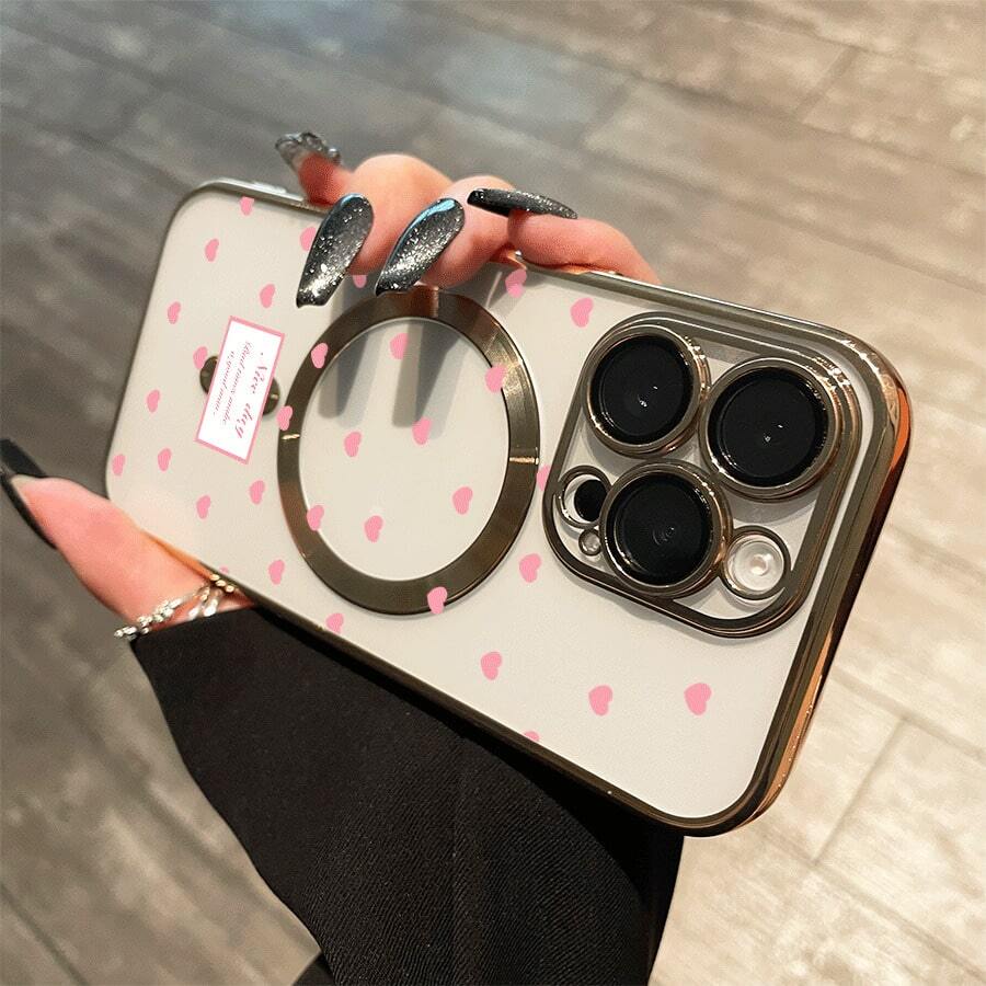 Teléfono con lente integral magnética y baño de oro rosa con lunares en forma de corazón. Compatible con carga inalámbrica magnética y compatible con phone 16 Pro Max, 16, 15 Pro, 14, 14 Plus/14 Pro Max, 13, 13 Pro, 12 Pro, 11/11 Pro y la serie Pro. Es un teléfono ideal para regalar a amigos, en cumpleaños y en fiestas. - Dorado - Ver 1