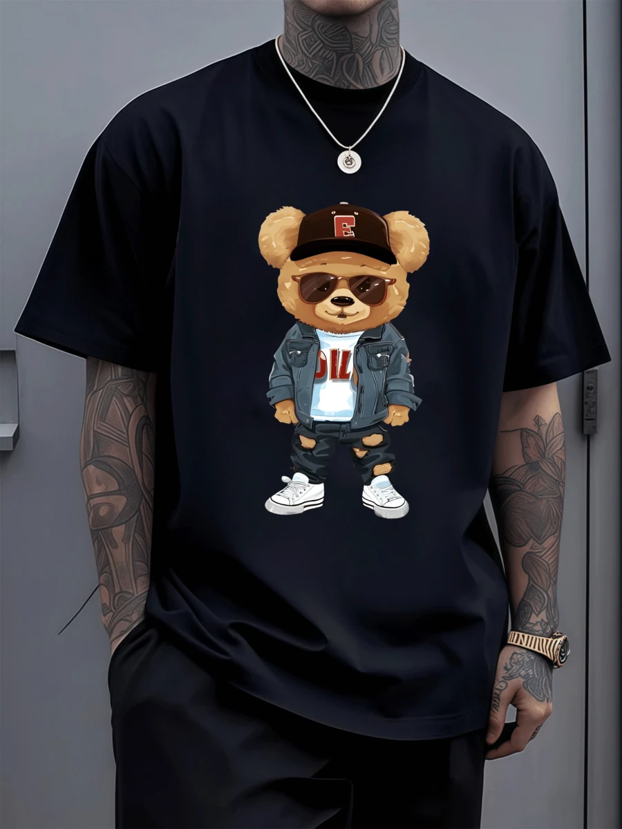 Camiseta Hombre Estampada con Oso Moderno y Gafas,Diseño Casual Juvenil,Algodón Cómodo y Fresco,Ideal para un Look Urbano con Estilo. - Negro - Ver 1