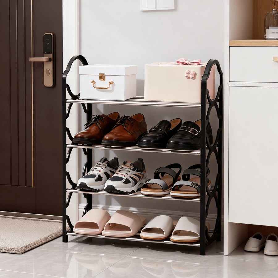1pc 4-Tier Shoe Rack Organizer Cabinet,Multifunctional Storage Rack,  With Black, White, And Pink Plastic Bracket, Easy To Assemble, Space Saving, Suitable For Entrance,Entryway, Foyer, And Hallway