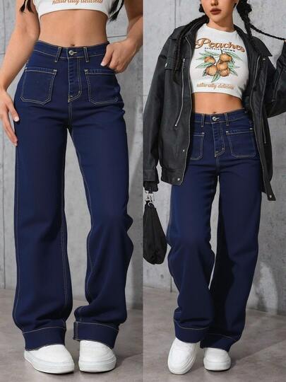 Vaqueros rectos informales para mujer, con bolsillos delanteros, largos y tejido ligeramente elástico.