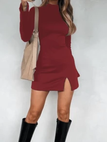 Váy dài tay cổ lọ xẻ tà thời trang nữ Onicee, mùa thu - Màu Đỏ Sâu - Xem 13