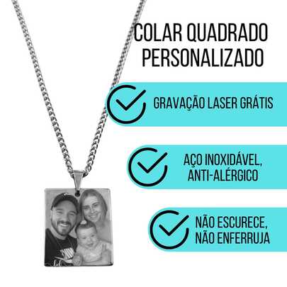 Colar Quadrado  Personalizado  Foto + Frase  Aço Inoxidável    Figura    Diário    Presente Lembrança Memória