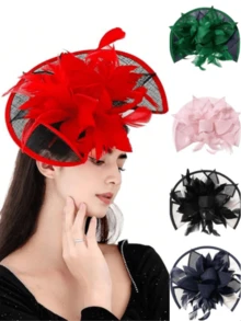 1pc Women's Tea Party Hat, Kentucky Derby Hat, Wedding Cocktail Hat With Flower & Feather Hairclip - Multicolor - View 2