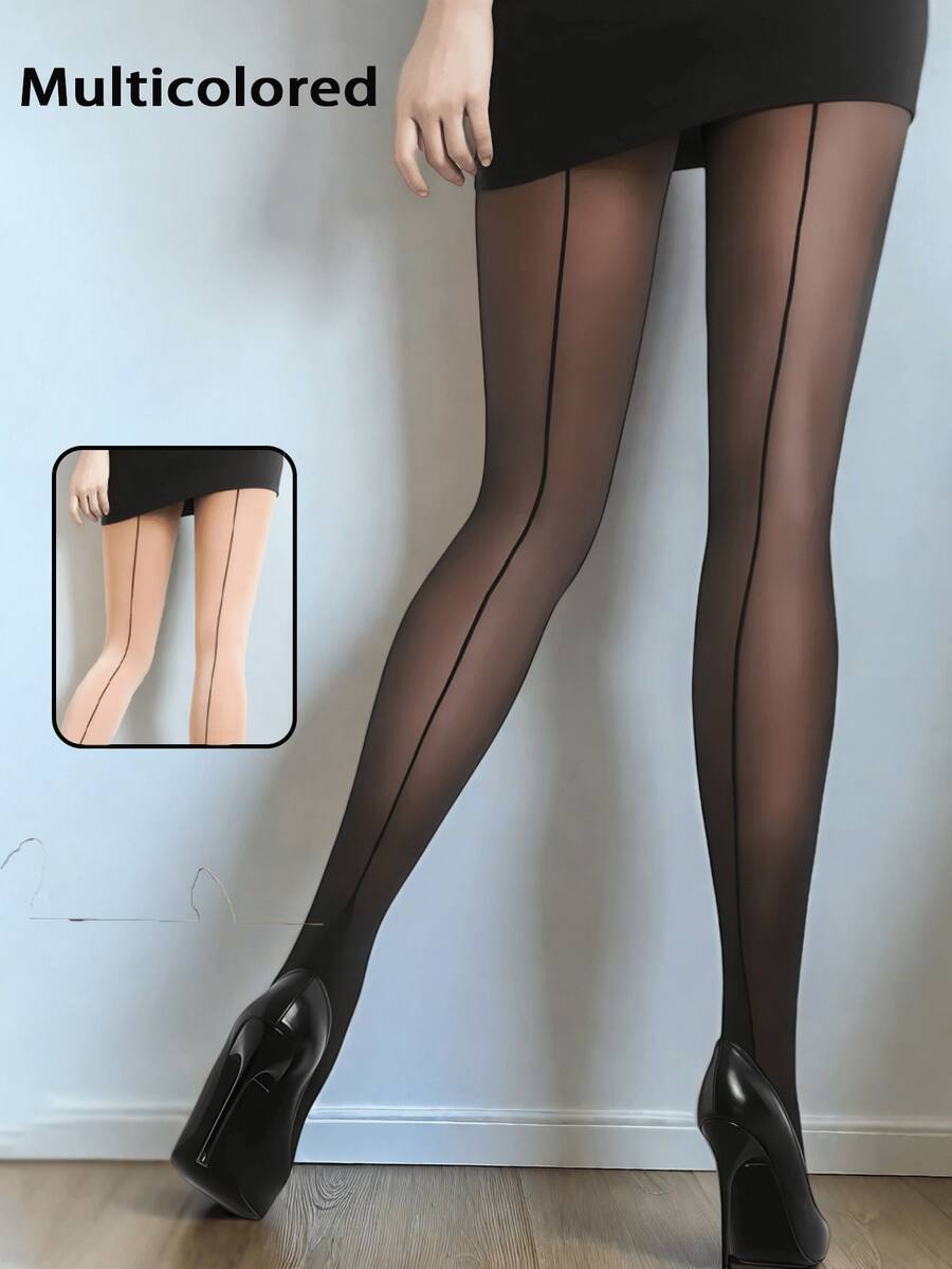 1/2/6双装女士竖条纹提花连裤袜 | 专业办公通勤及商务休闲透明丝袜，黑色 | 百搭顺滑，优雅日常穿着，适合搭配连衣裙，绝佳圣诞礼物 - 黑色 - 查看 1