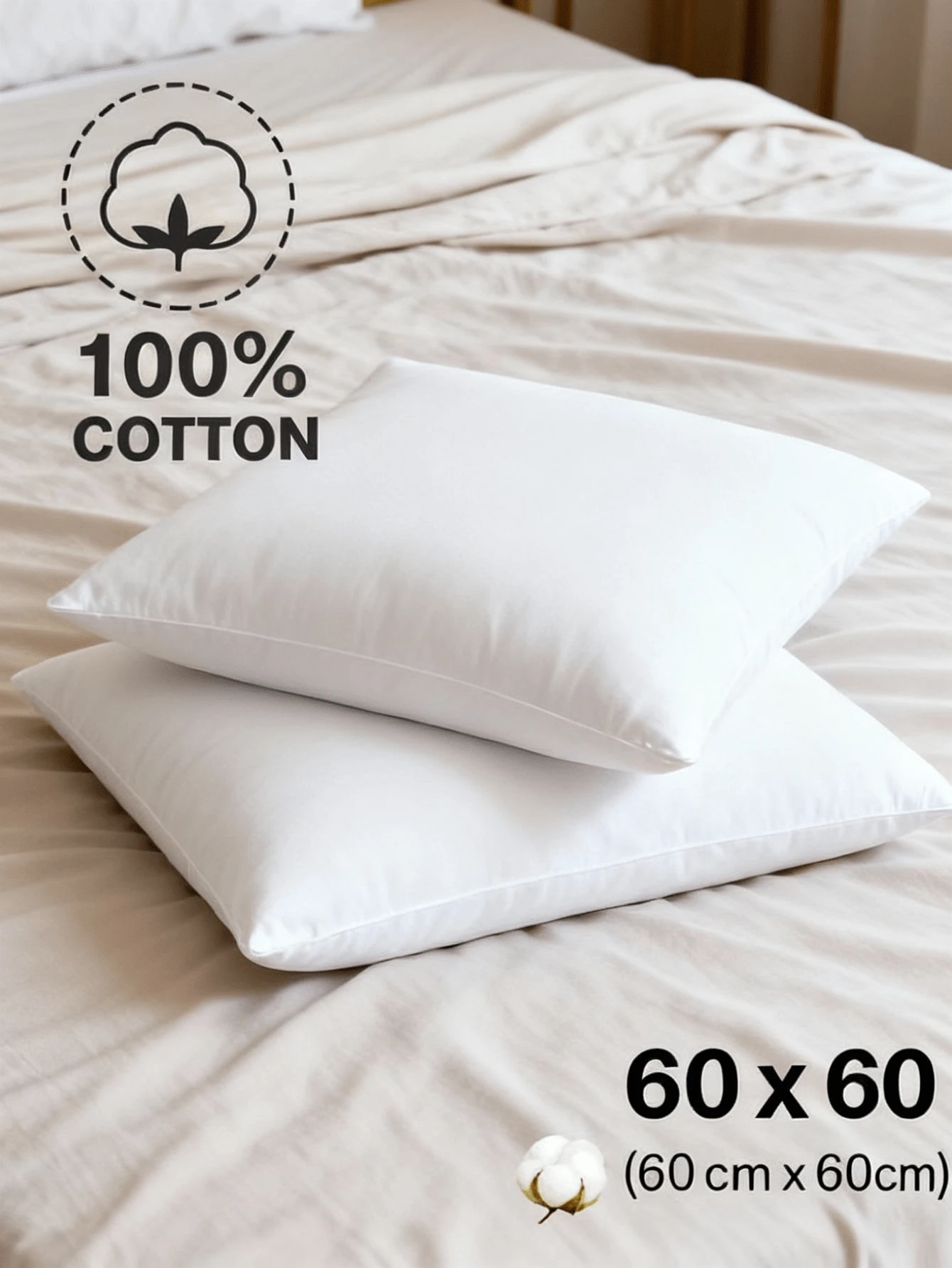 MADE IN TURKEY - 100% Micro Polyester Throw Pillow – 60x60 Cm – 500g – Ultra Soft & Durable – 2PCS - White - View 1