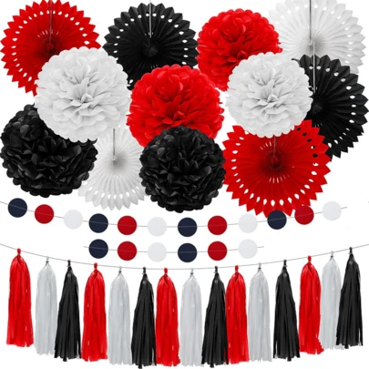 Decoraciones rojo y negro, incluyen: adornos de ratón de papel, abanicos, pompones, flores de panal de abeja, borlas de papel de seda, guirnaldas. Suministros para fiestas temáticas como graduación, cumpleaños, boda, baby shower, revelación de género, fiestas de vacaciones, aniversarios, 70 cumpleaños, 18 cumpleaños, Halloween, Acción de Gracias, Navidad
