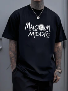 Camiseta de hombre con diseño de texto abstracto en blanco,estilo casual y moderno.¡Ideal para un look único! - Negro - Ver 6