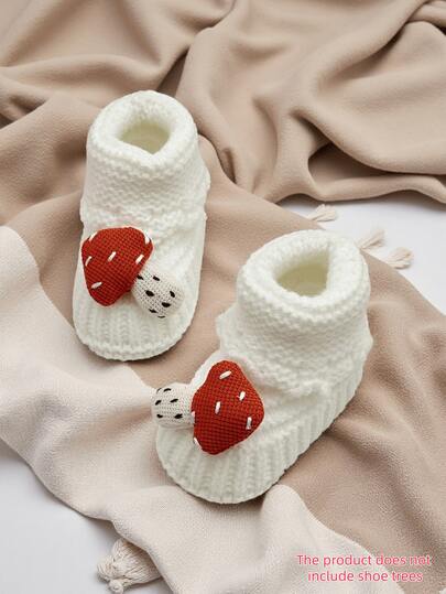 1 Pair Infant Knit Booties, White With Red Mushroom Design, Soft Crib Shoes