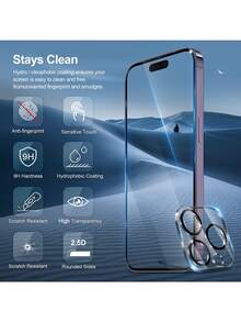 Yezodawee 2片装全屏钢化玻璃膜，9H+硬度，包含2片高清透明摄像头镜头保护膜，兼容 17 Pro Max。9H 9D高清保护膜，全屏钢化玻璃保护，防碎裂，耐用，也兼容 16/15/14/13/16/12/11 Pro Max/X/XR/XS Max/7/14 Plus。 - 2+2 - 查看 6