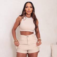 Shorts And Jeans Skirt With Small Side Slit - Beige - View 1