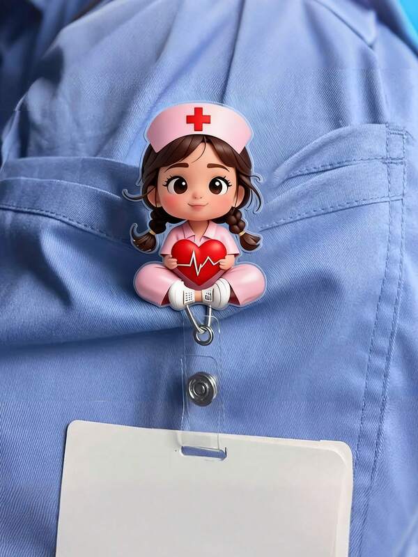 2D Flat Acrylic Nurse Girl ID Card Holder - Retractable Badge Reel, Durable Tag, Suitable For Medical Students And Practicing Nurses - Durable PMMA Material, For Workplace Identification, Medical Tag Clip | Fun Design | Durable Acrylic Material, Nurse Accessories, Back To School, Teacher Gift