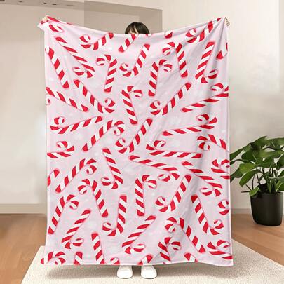 1 件粉色拐杖糖印花圣诞毯 - 带白色和红色条纹，适合沙发、床、客厅的节日床上用品 - 舒适的冬季家居装饰礼物创意，现代风格节日装饰毯，适合圣诞节和全年使用，圣诞毯，圣诞装饰