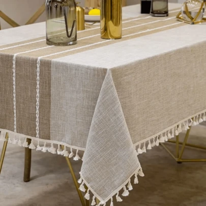 Mantel rectangular elegante de algodón y lino grueso con borlas, antipolvo, ideal para decorar la mesa de la cocina y el comedor (gris claro, 1,4 x 1,8 m).