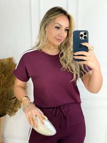 Side Stripe Set With Round Neck T-Shirt And Wide Leg Pants With Pockets And Drawstring, In Premium Viscose Knit - Women's 2-Piece Set, Wide Leg Pants, Short Sleeve Blouse, Cotton, Casual, Burgundy - Màu Tím - Xem 2