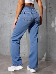 Pantalones de mezclilla de mujer de moda con bolsillos, diseño de pierna ancha y cintura ajustable con cordón - Perfectos para un estilo casual y cómodo - Zhonglan - Ver 2