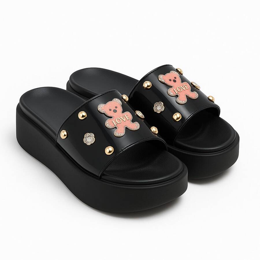 Women's Slide Clog With Luxury Embellishments - Thick Sole And Extreme Comfort - Black - View 1
