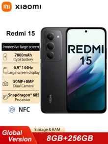 Xiaomi Smartfon Redmi 15 8+256G Wersja globalna Wciągający wyświetlacz FHD+ o przekątnej 6,9 cala System podwójnego aparatu AI 50 MP Ogromna bateria 7000 mAh Szybkie ładowanie 33 W Platforma mobilna Snapdragon® 685