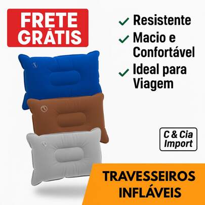 Travesseiro Inflável + Bomba Portátil Camping Viagem 50x35cm