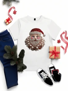 Camiseta estampada mujer cuello redondo y mangas cortas, uso casual diario tshirts para mujeres Santa Claus Navidad - Blanco - Ver 3