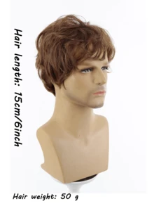 Men's Short Curly Brown Wig With Bangs, Synthetic Hair Wig For Everyday Wear - Brown - View 10
