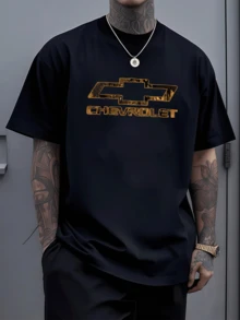 Camiseta de Hombre Casual con Estampado Dorado de Logo Clásico,Diseño Moderno y Cómodo.Perfecta para un Look Urbano y Original. - Negro - Ver 6