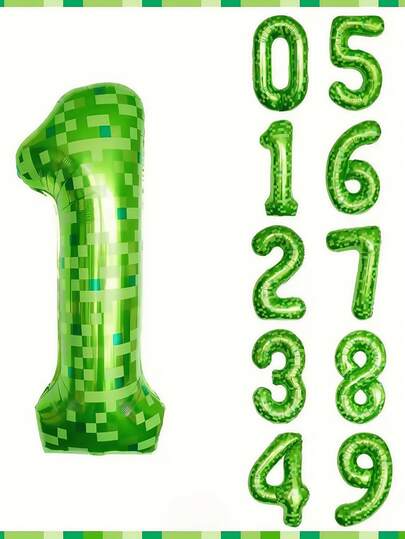 Minecraft 40-Inch Giant Green Pixel Miner Themed Foil Balloon - Large Green Checkered Digit Balloon For Mining Digital Balloon, Pixel Block Aluminum Foil Floating Digit Suitable For Birthday Photo Shooting, Birthday Party Background Decoration, Birthday Room Decoration, Retro Game Pixel Balloon