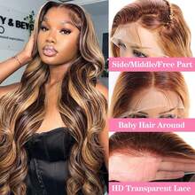 Hidden Strap 360 Body Wave Lace Front Wigs Human Hair 250% Density Drawstring Honey Blonde Body Wave Human Hair Wig 13x4 HD 4/27 Highlight Lace Front Wigs Brazilian Ombre Colored Human Hair Wig For Women - S4/27 - 查看 3