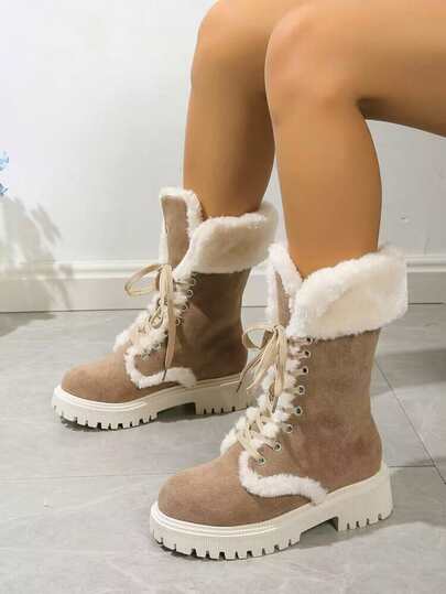 Botas de media pantorrilla con suela gruesa y forro polar para mujer, botas de nieve con cordones, suela gruesa y puntera redonda, botas altas, botas de tubo largo forradas de piel, botas de tacón plano antideslizantes, botas de invierno de parche de piel sintética
