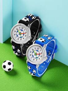 2pcs Sports Football Pattern Quartz Watches - Black & Blue, Suitable For School, Outdoor, Casual - Multicolor - View 6