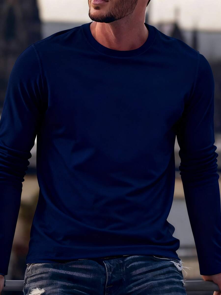 Men's Casual Solid Color Long Sleeve T-Shirt, Versatile For Autumn - Navy Blue - View 1