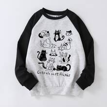 1 buah Sweatshirt Longgar Lengan Panjang Motif Kucing Lucu dan Ceria untuk Remaja Perempuan, Cocok untuk Kembali ke Sekolah atau Wisuda. - Hitam - View 2