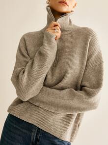 Autumn/Winter Women's Elegant Casual Knit Pullover, Solid Color Minimalist Sweater, Fashionable Commuter Half-Zip Collar Knit Top, Elegant Slouchy Style, Women's Streetwear - Camel - View 3