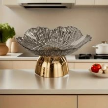 Litivibecho Elegant Multi-Tier Kitchen Fruit Basket, Also Serves As A Fruit Bowl, Display Bowl, Or Vegetable Snack Tray. Features Durable Plastic Oval Trays With A Delicate Leaf Design, Perfect For Kitchen And Living Room Decor. Festive Plastic Trays Can Hold Desserts, Candies, And Snacks, Or Function As A Coffee Table Tray. - 透明灰+金底 - 查看 2