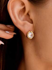 2Pcs Simple Gold-Plated Cubic Zirconia Stud Earrings For Women – Round Brilliant Cut Crystal Earrings, Elegant Solitaire Design, Chic Jewelry For Daily Wear, Gift For Her