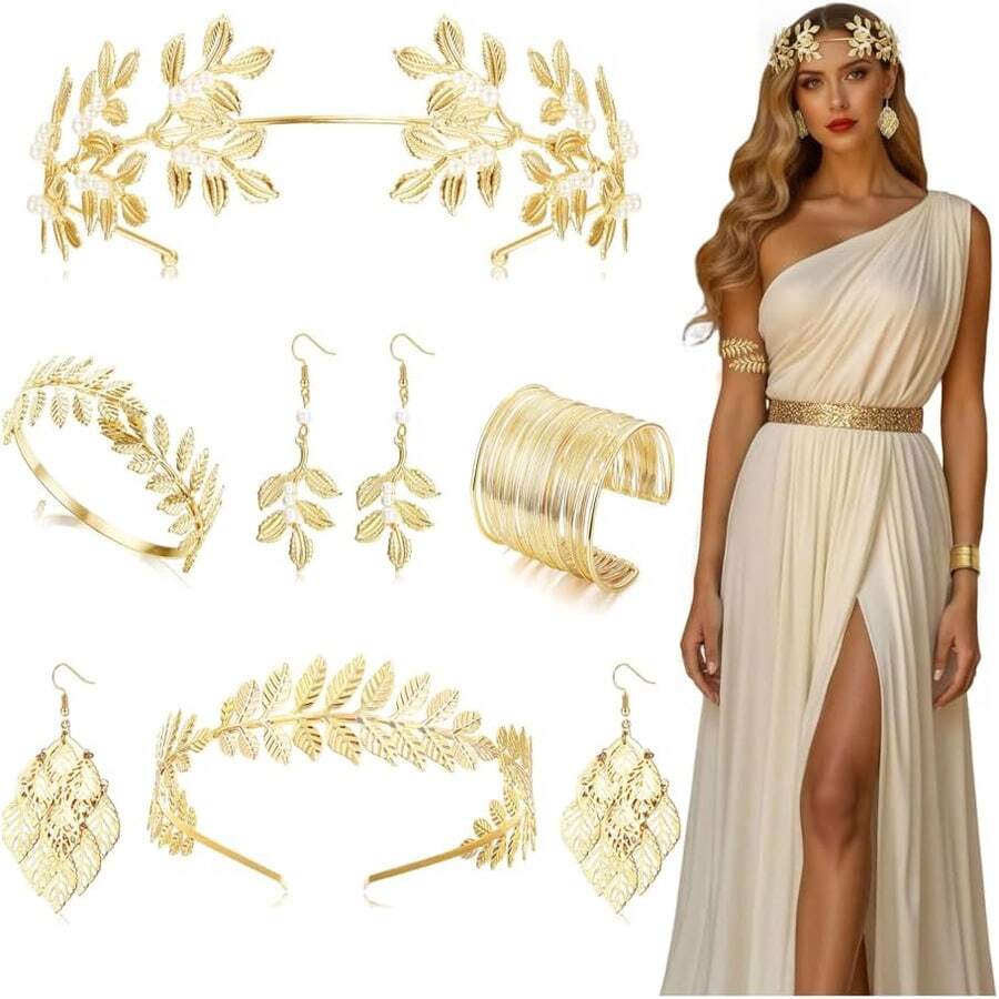 SAILIMUE 6 Pcs Greek Goddess Costume Accessories Set For Women Golden Laurel Leaf Crown Headband Upper Arm Cuff Coil Bracelet Pearl Leaf Dangle Earring Bridal Wedding Headpiece Toga Costume Jewelry - như hình ảnh - Xem 1