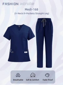Fade Proof Scrub Set With V Neck Top And Straight Leg Pants Offering Nine Pockets And A Comfortable Fit - Màu xanh hải quân - Xem 11