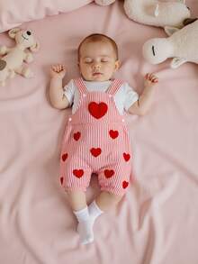 Mono de rayas para bebé con bordado de corazón rojo para San Valentín, mono infantil sin mangas para recién nacido - Rojo - Ver 2