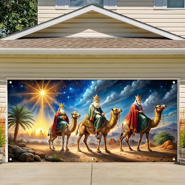157x71 Inch Durable Polyester Christmas Garage Door Banner - Bethlehem Star And Three Kings Design, Ideal For Winter Holiday Decor - Suitable For Home, Outdoor, Garden And Commercial Use - Great Gift For Christmas Enthusiasts