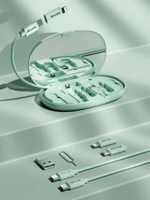 REMAX All In One Storage Case, 60W Type C PD Charging Cable 30cm + Mirror + USB A Adapter + Micro B Adapter, Green/ Pink