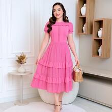Women's Midi Chiffon Dress With Elegant Ruffle For Wedding Party - Pink - View 1